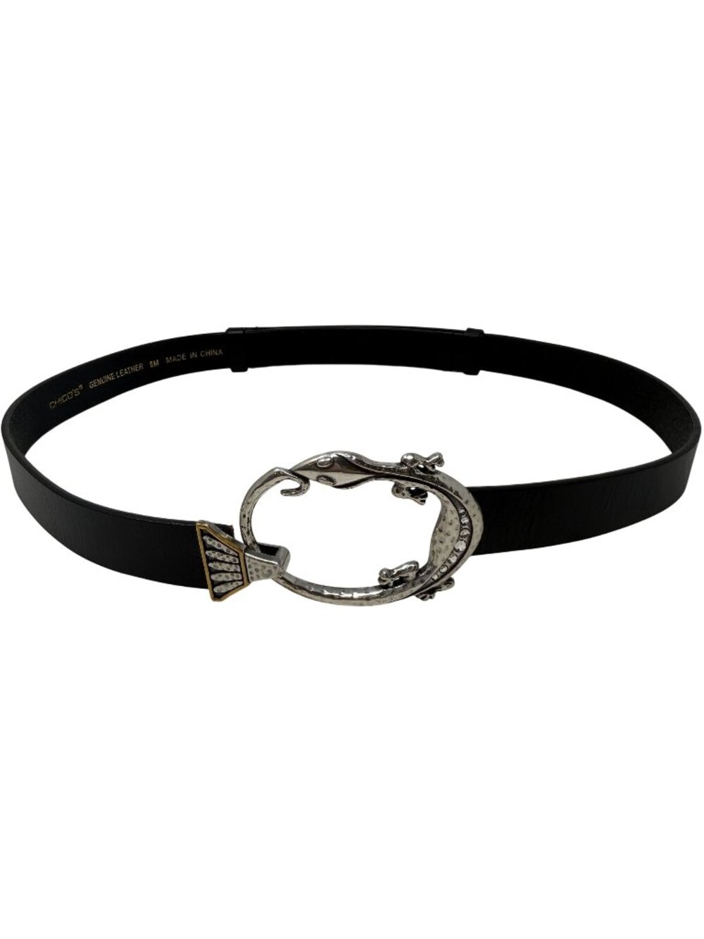 Chicos Black Leather Belt W/ Silver Gecko Buckle Design Size S/M Adjustable